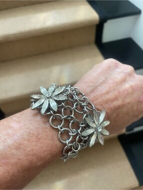 Vintage-Inspired Silver-Tone Chain Bracelet w/ Crystal Flowers